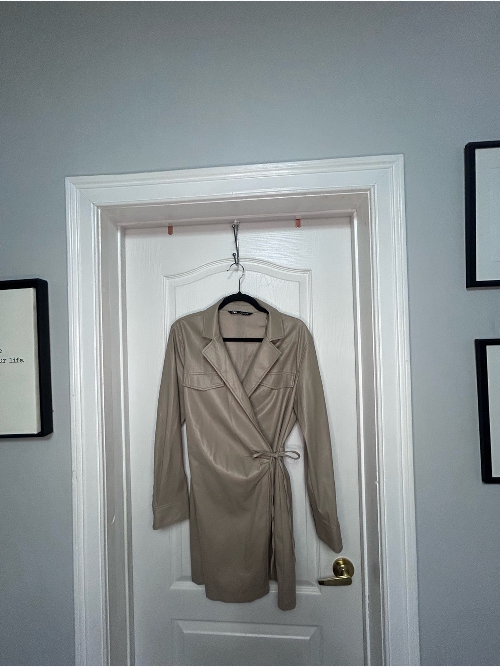 Zara Taupe Faux-Leather Wrap Trench Coat